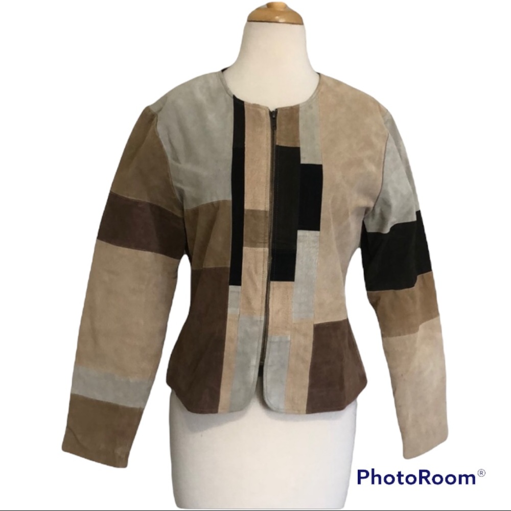 Karen Arnold black, brown, cream and tan patchwork leather jacket, size M
